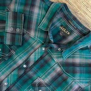 Helix Shirt Men's Pearl Snap Green Plaid Western Size L Cowboy‎ Core Ranch Rodeo